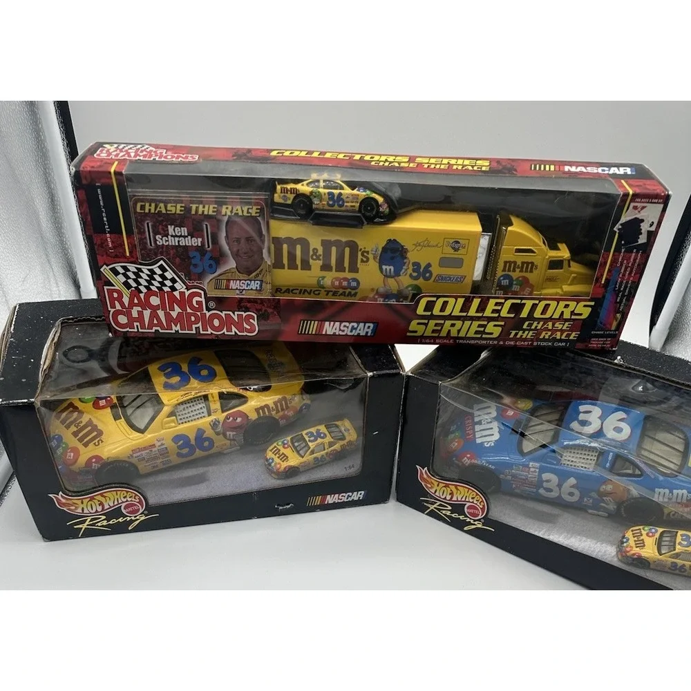 KEN SCHRADER #36 M&M'S NASCAR LOT TRANSPORTER & CARS W/MATCHING MINIS